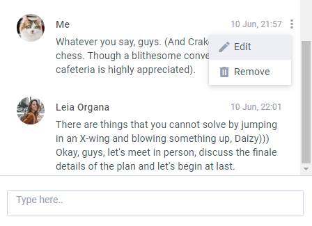 Webix Comments action menu