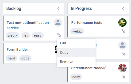 Webix Kanban card actions