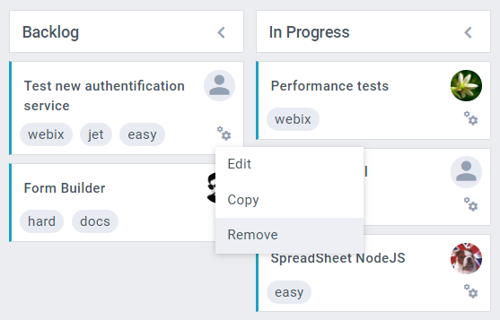 Webix Kanban card action menu