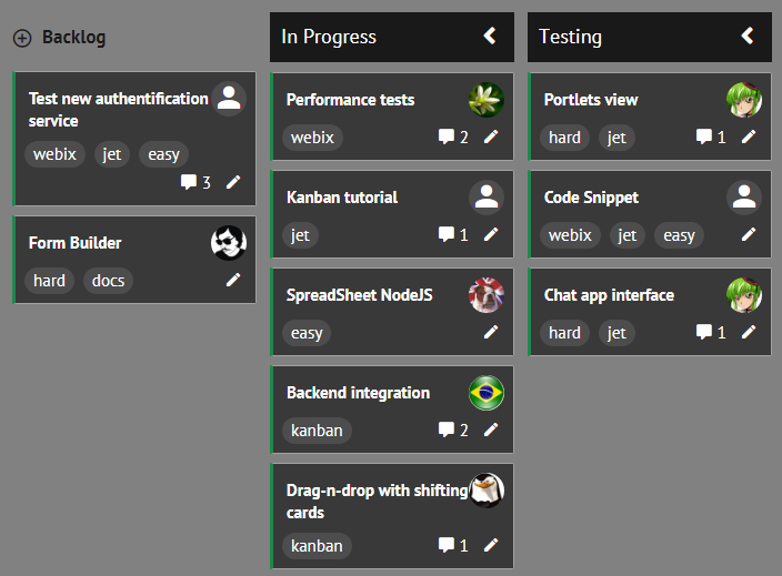 Webix Kanban with dark Contrast skin