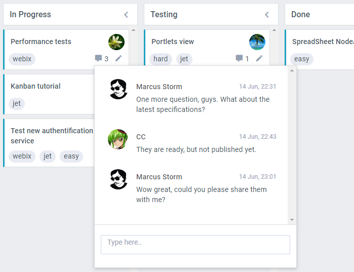 Kanban cards with comments