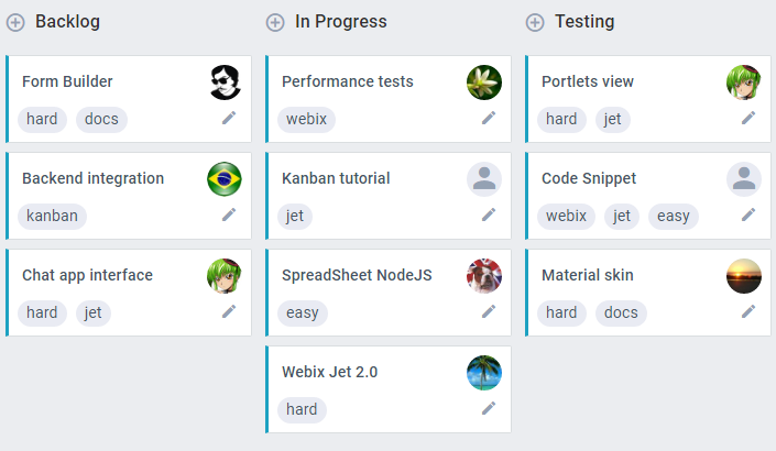 kanban with nice headers with add buttons