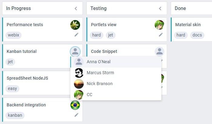 Webix kanban user list